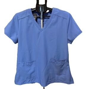 Med Couture Insight Womens L Blue Scrub Top Shirt Pockets Stretch Nurse